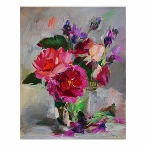 Spring Roses and Purple Lavender Flowers - Original Floral Oil Painting Impressionist Rose Still Life Paintings Pink Red Light Bright Small