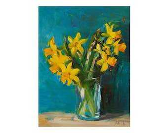 Daffodils on Turquoise Original Floral Oil Painting Garden Flowers Impressionist Still Life Yellow Daffodil Bright Floral Narcissus Jonquils