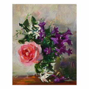 Buquê de outono de flores de jardim em um vaso de vidro Pintura a óleo floral original Rosa impressionista Natureza morta Rosa Branco Jasmim Roxo Violeta