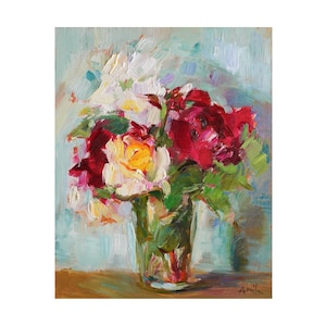 Rosas de jardim delicadas - Pintura a óleo floral original, impressionista, natureza morta, rosa, vermelho, claro, branco brilhante, abstrato, vaso ousado