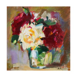 Rosas de jardim, pintura a óleo floral original, flores impressionistas, pequenas pinturas brilhantes em vasos de natureza morta, rosa branca, rosa vermelha, abstrata