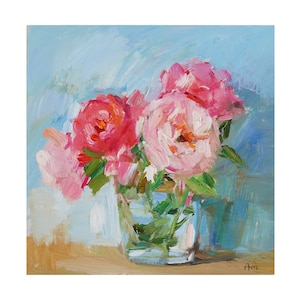 English Roses on Light Blue, Original Floral Oil Painting Flower Impressionist Flowers Small Bright Still Life Vase Paintings Pink Rose Rose
