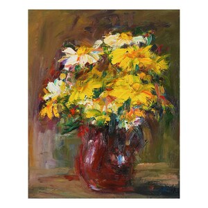 Bouquet of Wildflowers - Original Floral Oil Painting, Flower Impressionist Wild Flowers Small Bright Still Life Paintings Yellow White Vase