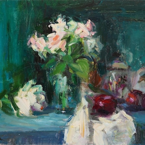Natureza morta com rosas de jardim e ameixas vermelhas, pintura a óleo original flores impressionistas rosa rosa abstrata cozinha turquesa azul verde ameixa
