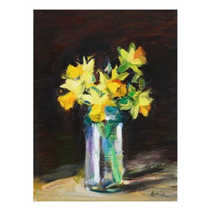 Narcisos em vaso de vidro Pintura a óleo floral original Flores de jardim Natureza morta impressionista Narciso amarelo Narciso preto brilhante Jonquils