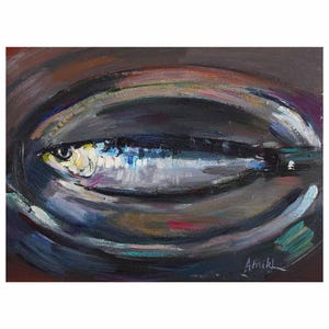 Sardine on Silver Plate Original Oil Painting Paintings Food Seafood Small Little Still Life Sardine Anchovy Fish Fishy Impressionist Fishes
