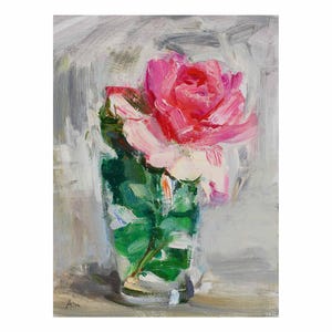 Impressionistic Pink Rose - Original Floral Oil Painting - Flower Impressionist Flowers Abstract Small Little Bright Still Life Roses Grey
