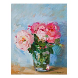 Summer Roses in Glass Vase - Original Floral Oil Painting Flower Impressionist Flowers Bright Still Life Paintings Pink Rose English Blue