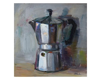Italian Coffee Maker - Original Oil Painting Kitchen Still Life Italy Moka Pot Gray Gray Black Small Dining Room Realism Impressionist Bold