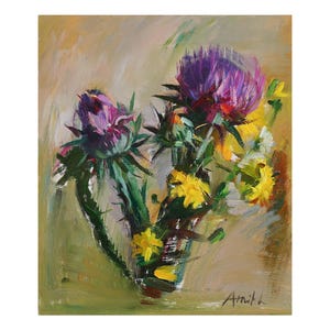 Thistle and Yellow Wildflowers - Original Floral Oil Painting Impressionist  Still Life Paintings Paintings Violet Purple Small Wild Flowers
