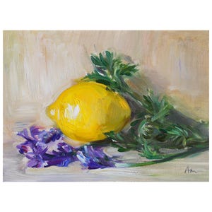Limão pequeno e lavanda do meu jardim Pintura a óleo original Cozinha Natureza morta Limões amarelos Realismo Brilhante Impressionista Impressionista