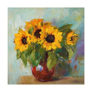 Bouquet of Sunflowers, Original Floral Oil Painting Sunflower Vase Paintings Impressionist Yellow Still Life Bold Flowers Paintings Clay Jar