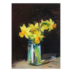 Primeiros narcisos, pintura a óleo floral original, flores de jardim, natureza morta impressionista, narciso amarelo, floral brilhante, narciso preto, junquilhos