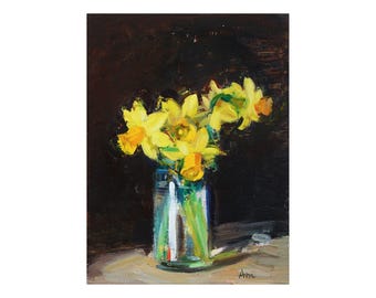 First Daffodils, Original Floral Oil Painting Garden Flowers Impressionist Still Life Yellow Daffodil Bright Floral Black Narcissus Jonquils