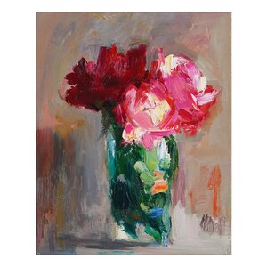 Impressionistic Roses, Original Floral Oil Painting Impressionist Rose Still Life Paintings Pink Red Light Bright Small Flowers White Loose