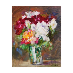 First Summer Roses - Original Floral Oil Painting Impressionist Rose Still Life Paintings Pink Red Light Bright White Abstract Bold Vase