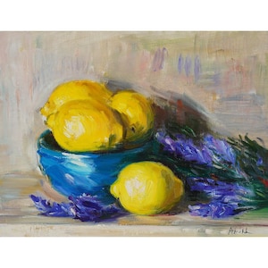 Limões em tigela azul e lavanda de jardim - pintura a óleo original, cozinha natureza morta flores de limão amarelo brilhante impressionista ousado floral