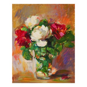 Rosas vermelhas e brancas do meu jardim Pintura a óleo floral original Rosa impressionista Pinturas de natureza morta vaso brilhante pequenas flores vivas ousadas