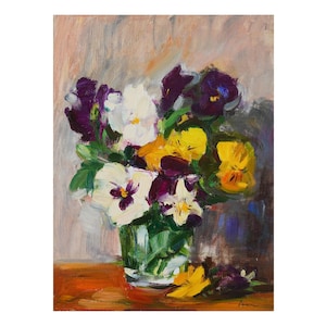 Amores-perfeitos alegres Pintura a óleo floral original Flores de jardim Impressionista Natureza morta Branco Amarelo Roxo Violeta Viola Amor-perfeito Arte floral brilhante
