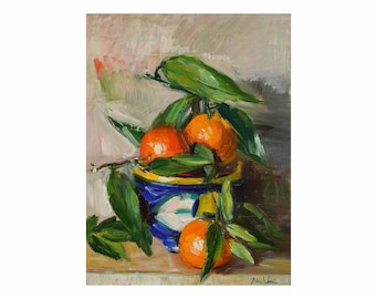 Spanish Mandarins in Hand Painted Blue Bowl, Original Oil Painting Kitchen Art Realism Food Foodie Tangerine Still Life Leaf Mandarin Leaves