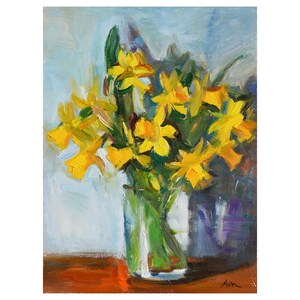 Daffodils on Light Blue Original Floral Oil Painting Flowers Impressionist Still Life Yellow Daffodil Bright Floral Narcissus Jonquils Light