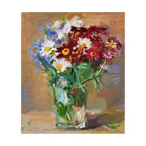 Flores da primavera do meu jardim, pintura a óleo floral original, pequenas flores, natureza morta impressionista, vaso impressionista, azul, vermelho, branco, ousado