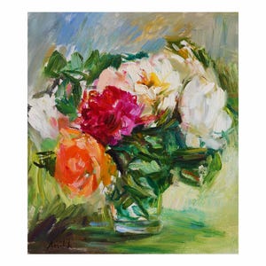 Impressionistic Roses, Original Floral Oil Painting Impressionist Rose Still Life Paintings Pink Red Light Bright Small Flowers White Loose