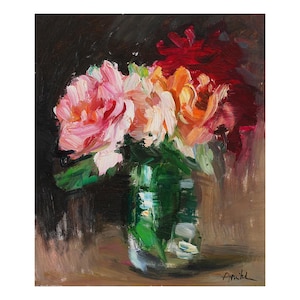 Rosas de jardim impressionistas, pintura a óleo floral original, flores pequenas, rosa verde, vaso de vidro impressionista, natureza morta, vermelho, rosa, brilhante, negrito