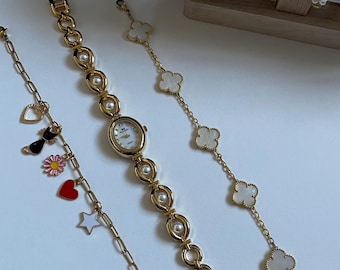 Vintage-Inspired Gold Pearl Bracelet Watch and a Handmade Unique Charm Bracelet
