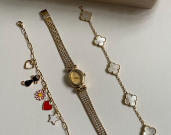Minimalist Mesh Band Gold Watch and a Handmade Charm Bracelet