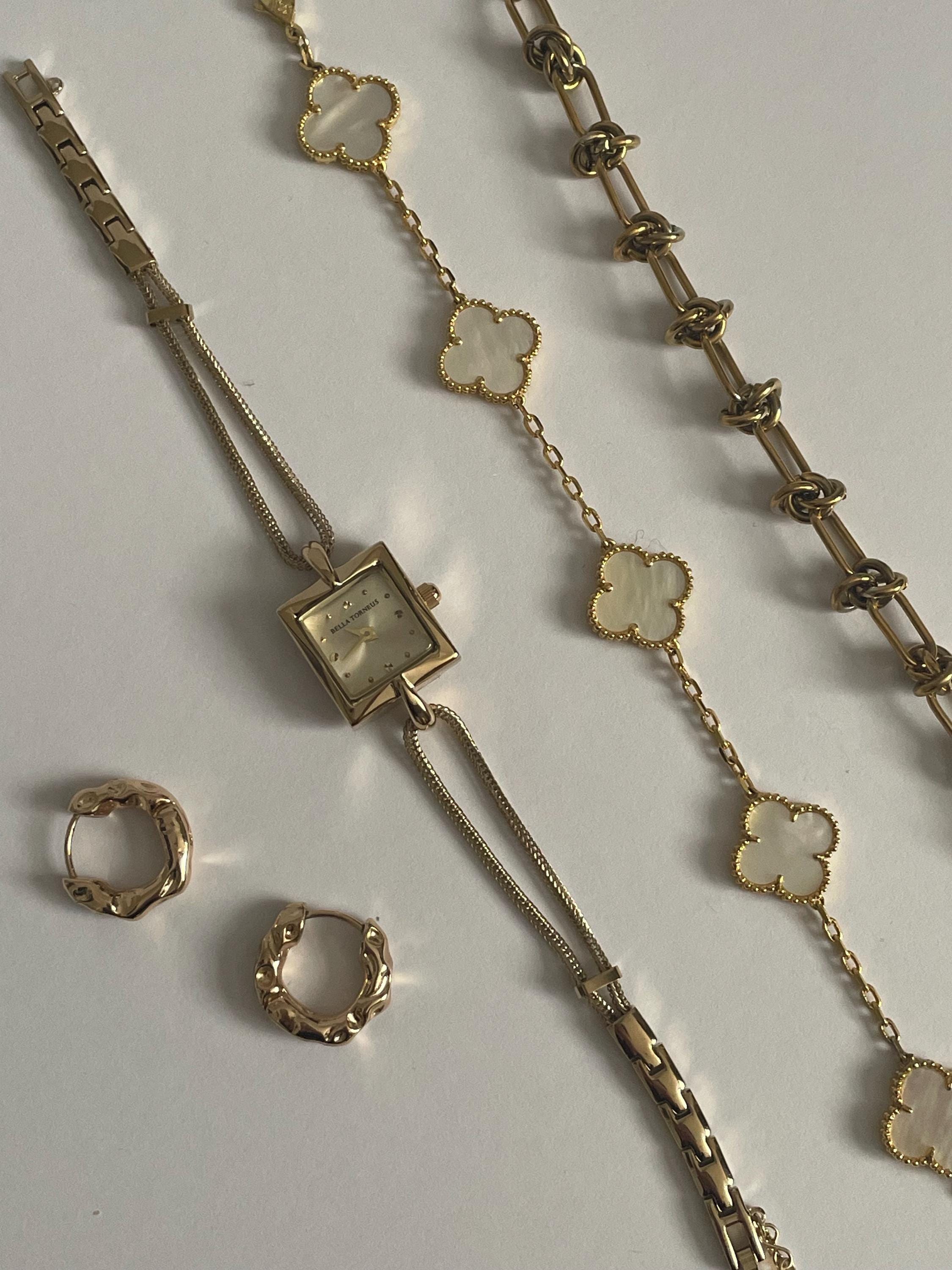 Womens Gold-Toned Vintage Style Watch with Dual Chain Straps- bracelet style watch