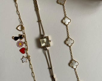 Bracelet vintage style dual strap gold watch and a Handmade Charm Bracelet