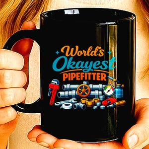 May include: Black ceramic mug with the text "World's Okayest Pipefitter" in orange and blue. The mug features illustrations of plumbing tools, including a wrench, pipes, and a pressure gauge. The mug is held by a person.