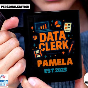 Personalized DATA Clerk Coffee Mug: Custom Name & Year, Black Ceramic