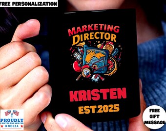 Personalized Marketing Director Mug, Custom Name Year Established, Black Ceramic Coffee Cup