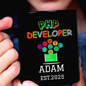Personalized PHP Developer Mug: Custom Name & Year Established, Black Ceramic Coffee Cup