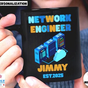 Personalized Network Engineer Mug, Custom Name & Year Established, Black Ceramic Coffee Cup