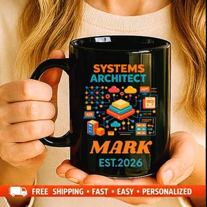 Personalized Systems Architect Mug, Custom Name Year Established, Black Ceramic Coffee Cup