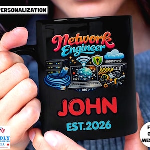 Personalized Network Engineer Mug, Custom Name Established Year, Black Ceramic Coffee Cup