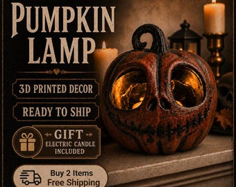 May include: A 3D printed pumpkin lamp with a textured orange and brown finish, featuring large hollow eye sockets and a stitched mouth design. The lamp is illuminated from within by an electric candle, creating a warm glow against a dark background.