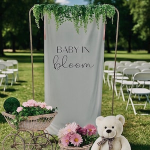 Baby In Bloom Baby Shower Banner Sign | Personalised Party sign | Backdrop with Eyelets |Birthday fabric sign|