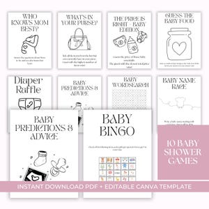 Lot de jeux pour baby shower, jeux de baby shower minimalistes, pack de jeux de baby shower modernes, 10 jeux, entièrement modifiable à télécharger