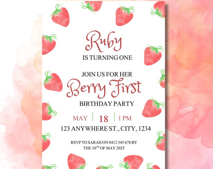 Berry First Birthday Party Editable invitation Template for Canva