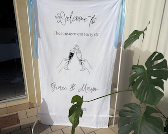 Custom Engagement Party Sign Banner | Personalised engagement  sign | Backdrop with Eyelets | fabric sign for engagement