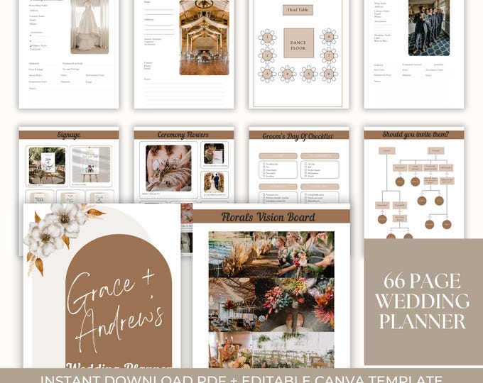 Boho 66-Page Wedding Planner Template Canva