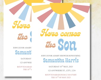 Here Come the Son Baby Shower Invitation Template for Canva