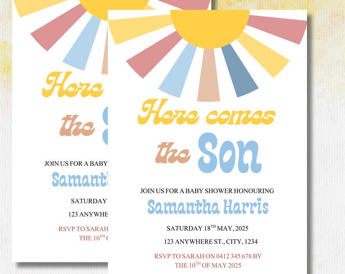 Here Come the Son Baby Shower Invitation Template for Canva
