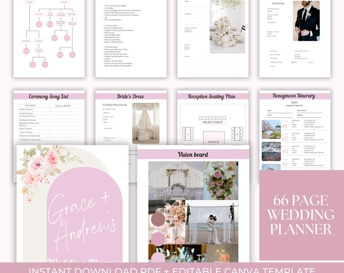 Pink 66-Page Wedding Planner Template Canva