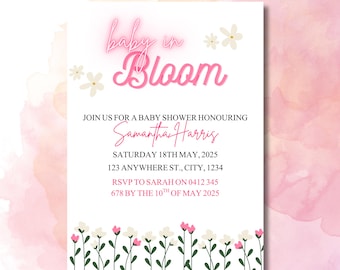 Baby in Bloom Baby Shower Invitation template for Canva