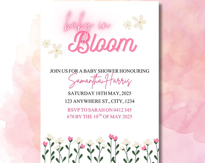 Baby in Bloom Baby Shower Invitation template for Canva